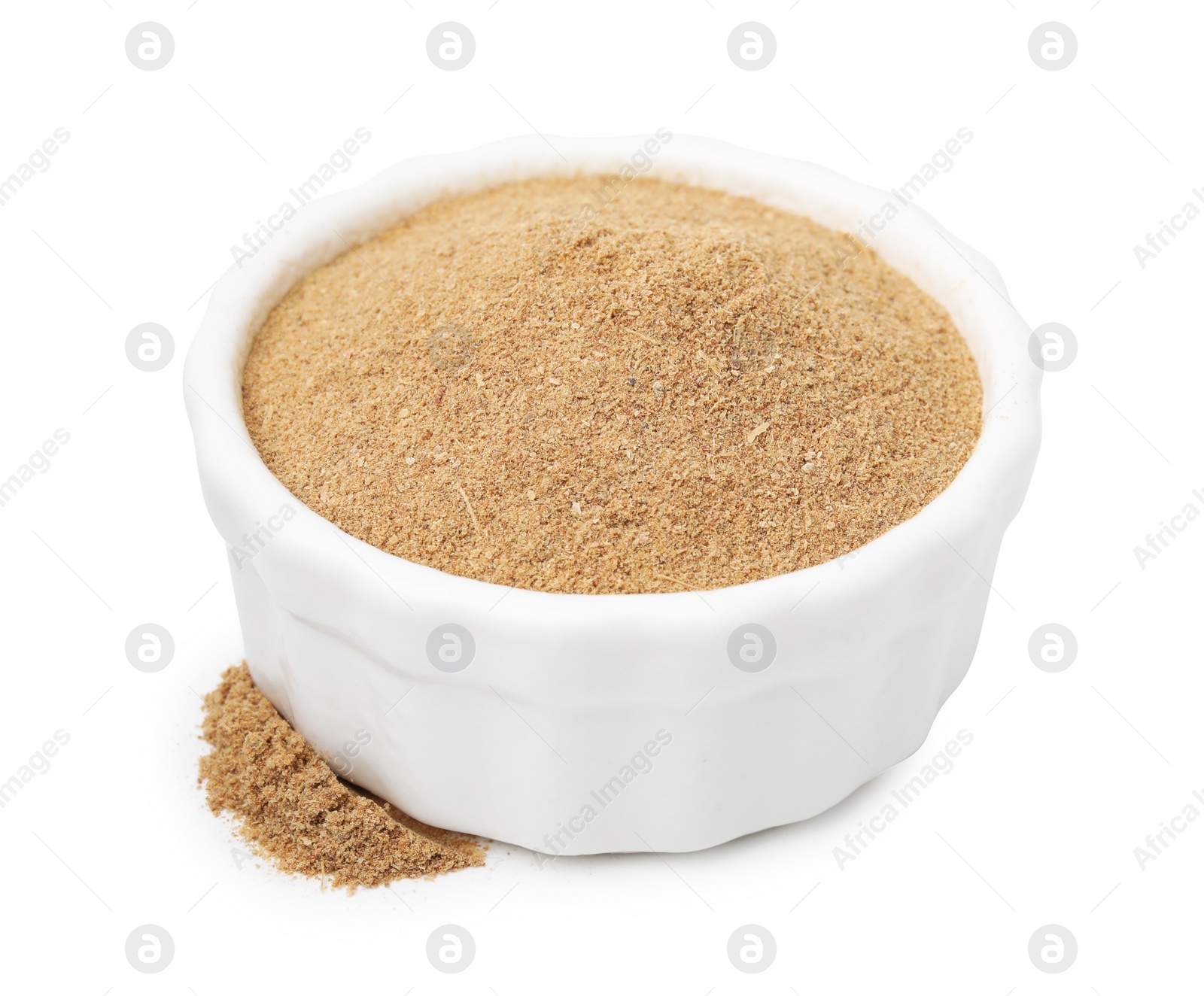 Photo of Dietary fiber. Psyllium husk powder in bowl isolated on white