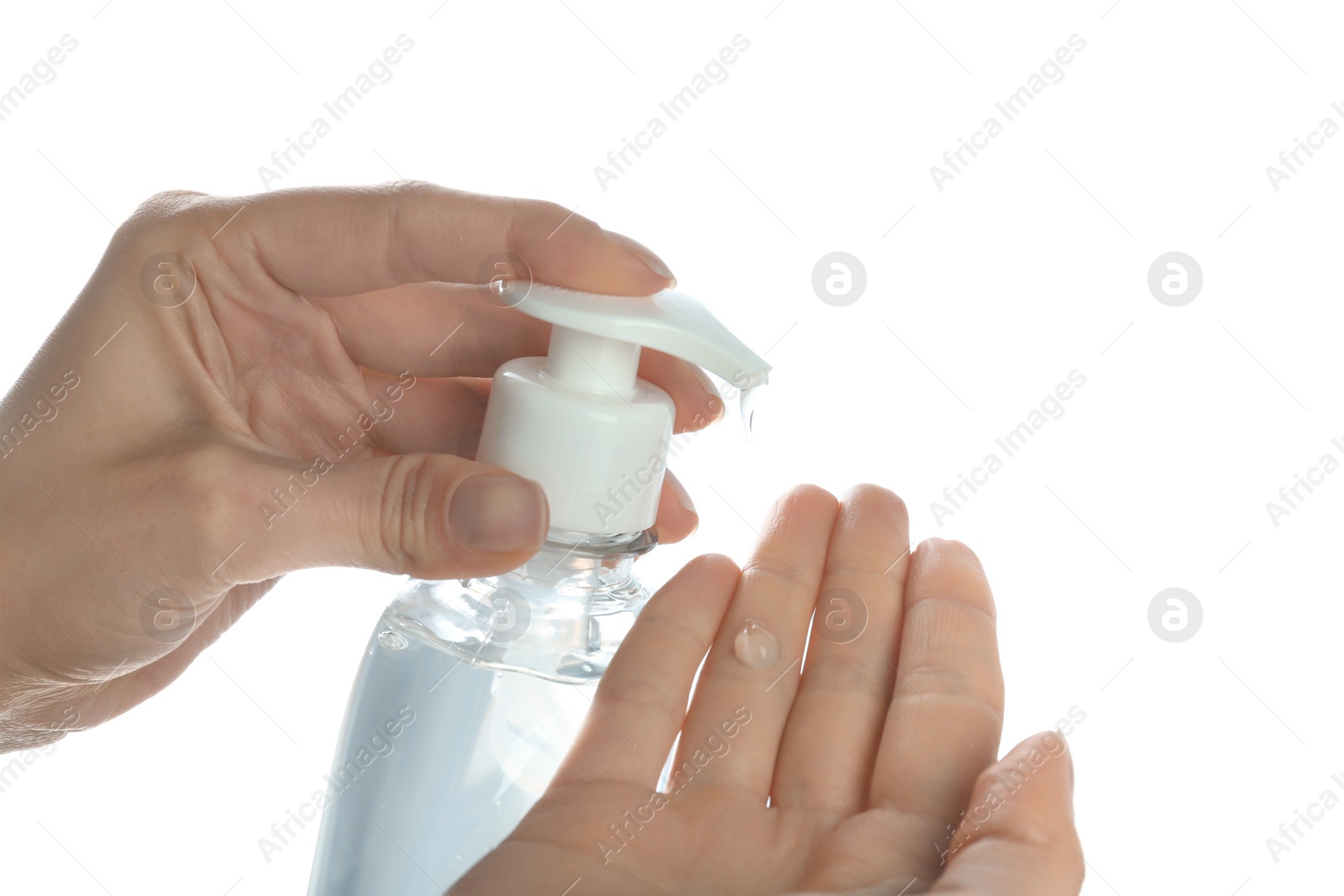 Photo of Woman applying antibacterial hand gel against white background, closeup