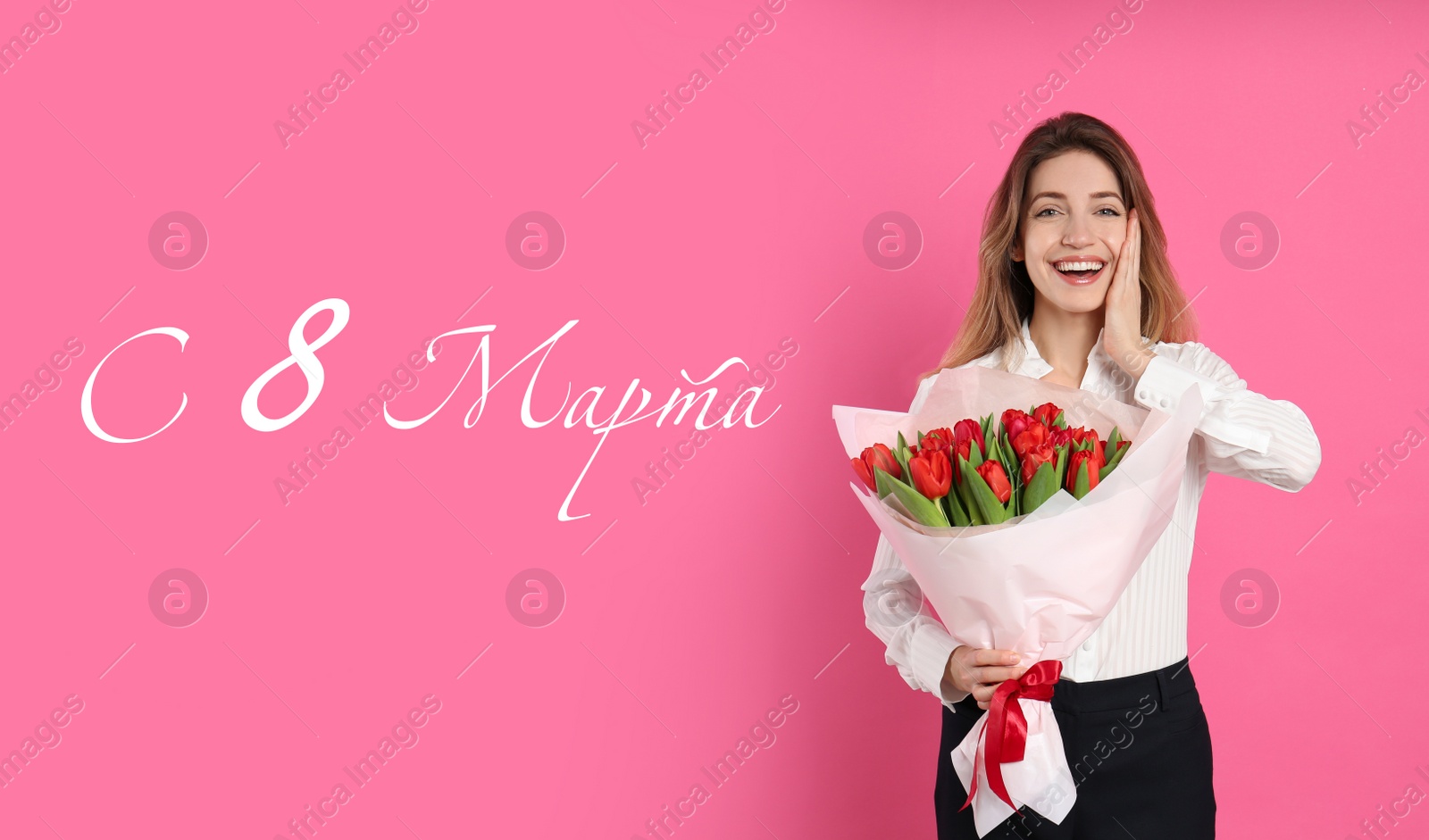 Image of International Women's Day greeting card design. Beautiful young lady with flowers and text Happy 8 March written in Russian on pink background