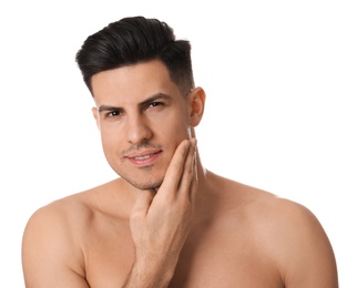 Photo of Handsome man with stubble before shaving on white background