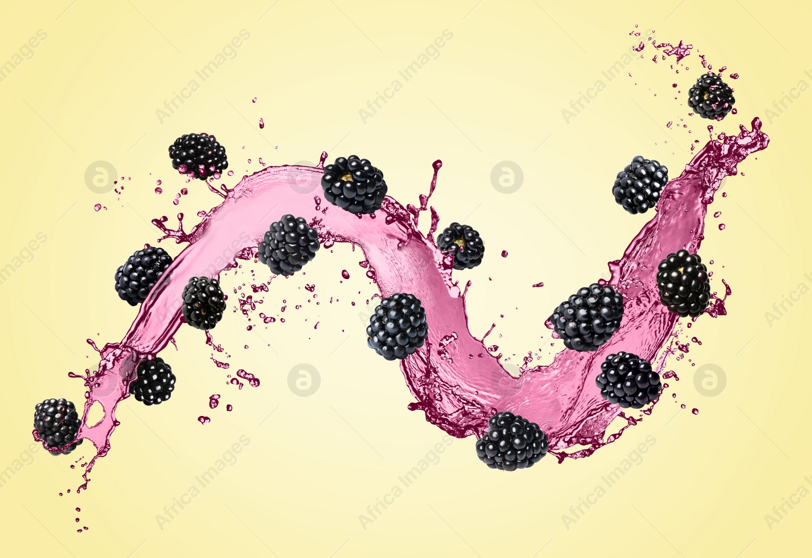 Image of Fresh blackberries and juice in air on pastel yellow background