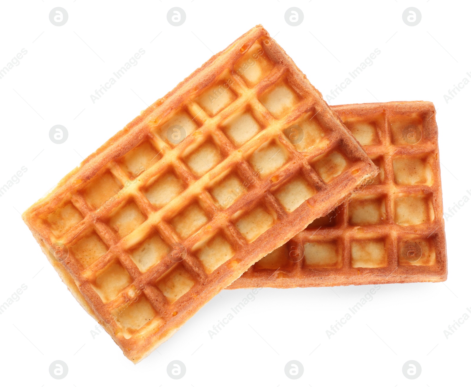 Photo of Delicious Belgian waffles on white background, top view