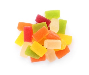 Pile of assorted jelly candies on white background, top view