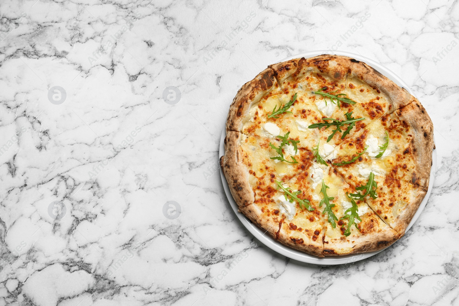 Image of Tasty cheese pizza on white marble table, top view. Space for text