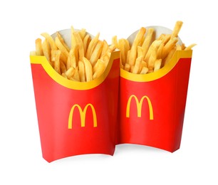 Photo of MYKOLAIV, UKRAINE - AUGUST 12, 2021: Two big portions of McDonald's French fries on white background