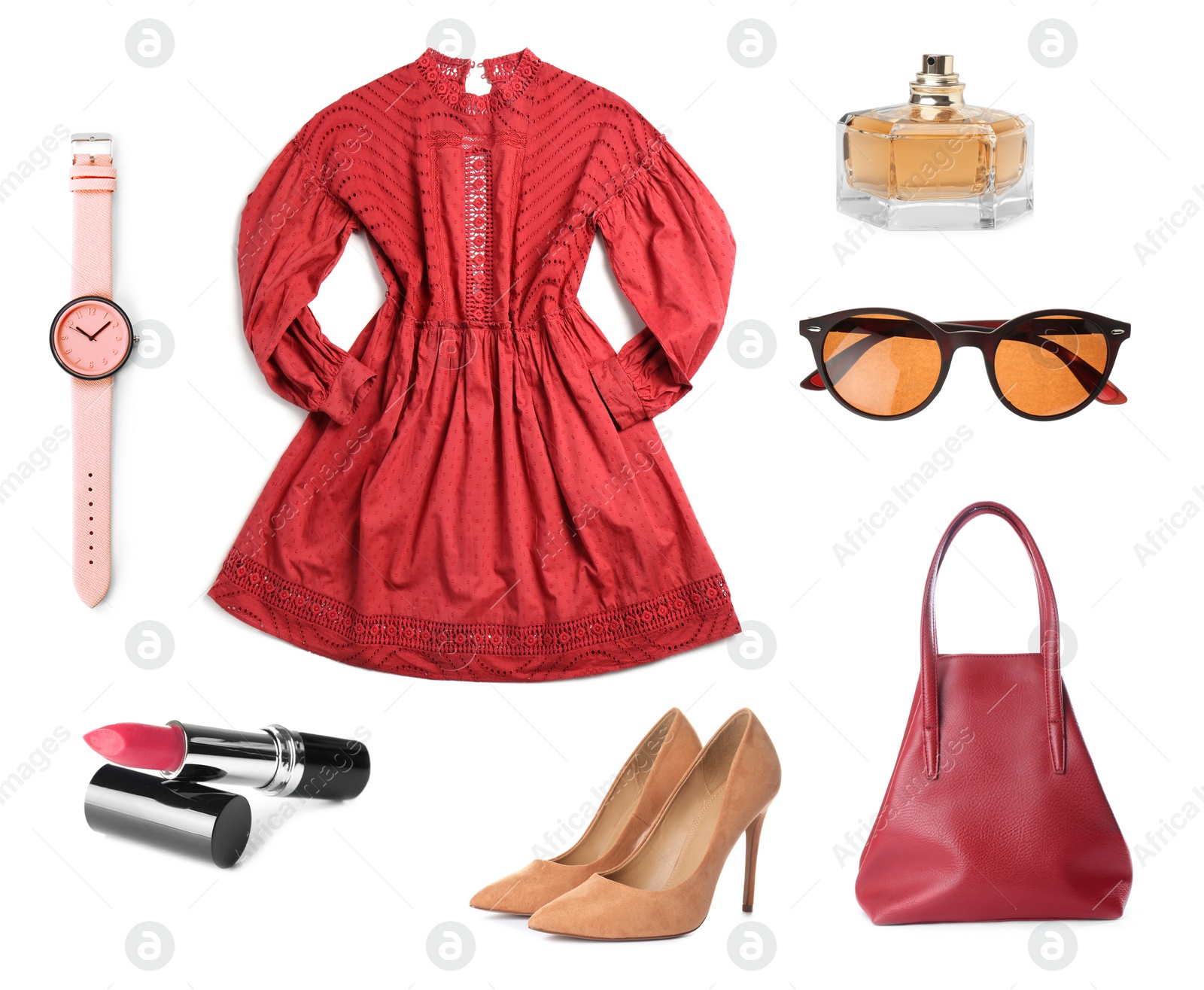 Image of Stylish outfit. Collage with dress, shoes, accessories and cosmetics for woman on white background