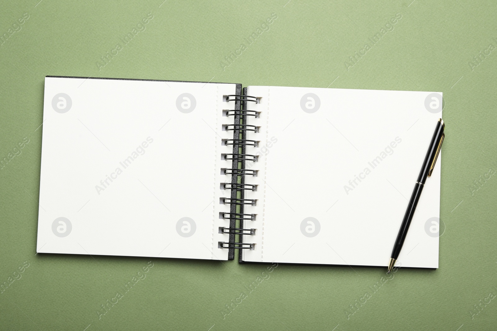 Photo of Stylish open notebook and pen on green background, top view