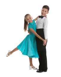Photo of Beautifully dressed couple of kids dancing on white background