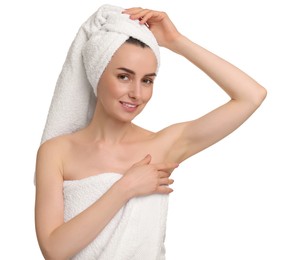 Photo of Beautiful woman showing armpit with smooth clean skin on white background