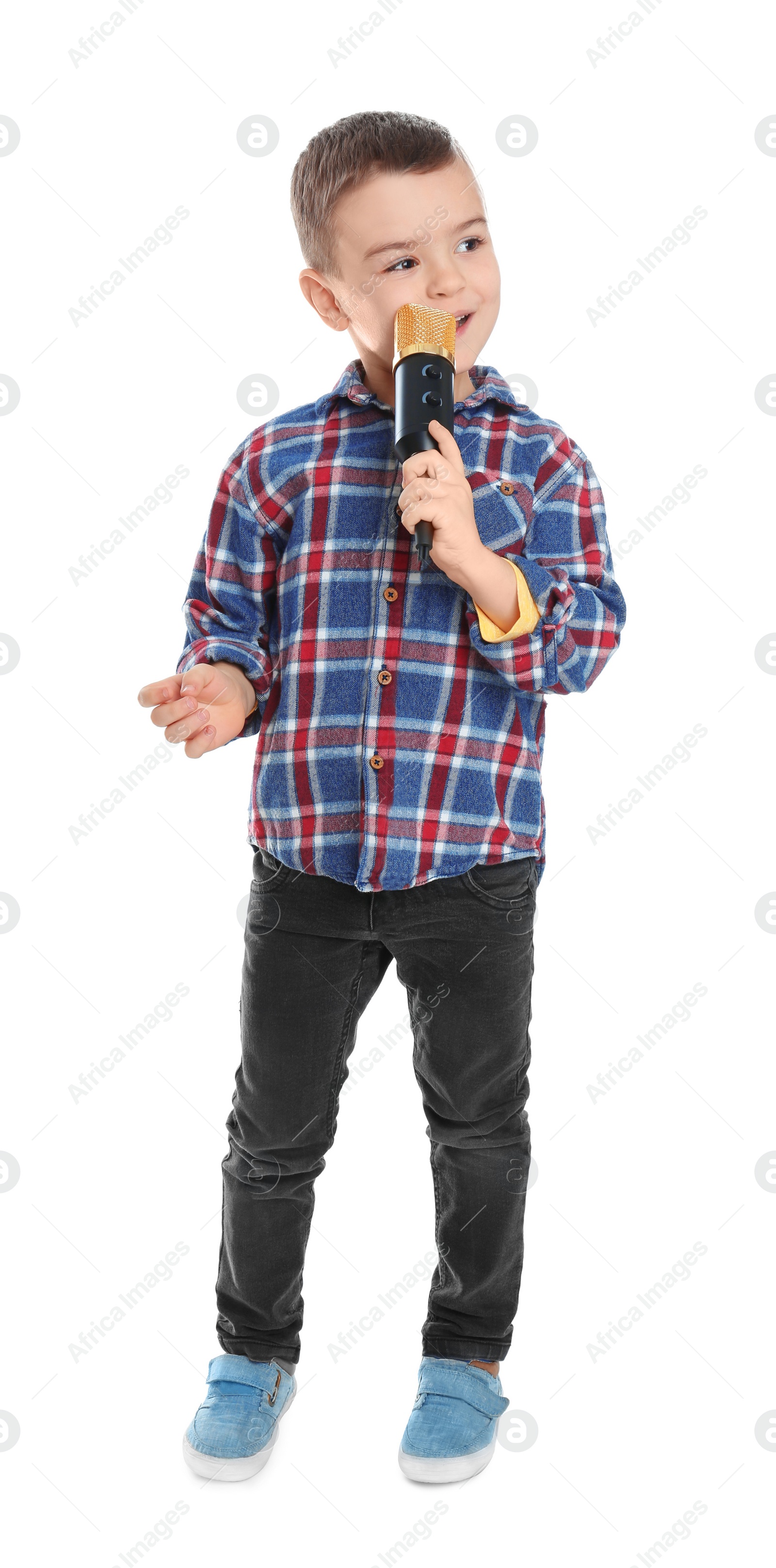 Photo of Cute funny boy with microphone on white background