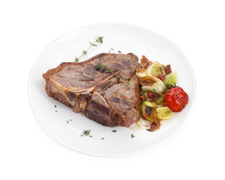 Delicious fried beef meat and vegetables isolated on white