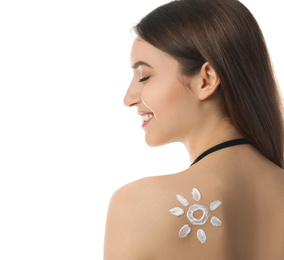 Woman with sun protection cream on her back against white background