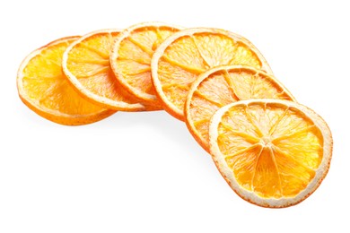 Photo of Delicious dry orange slices on white background