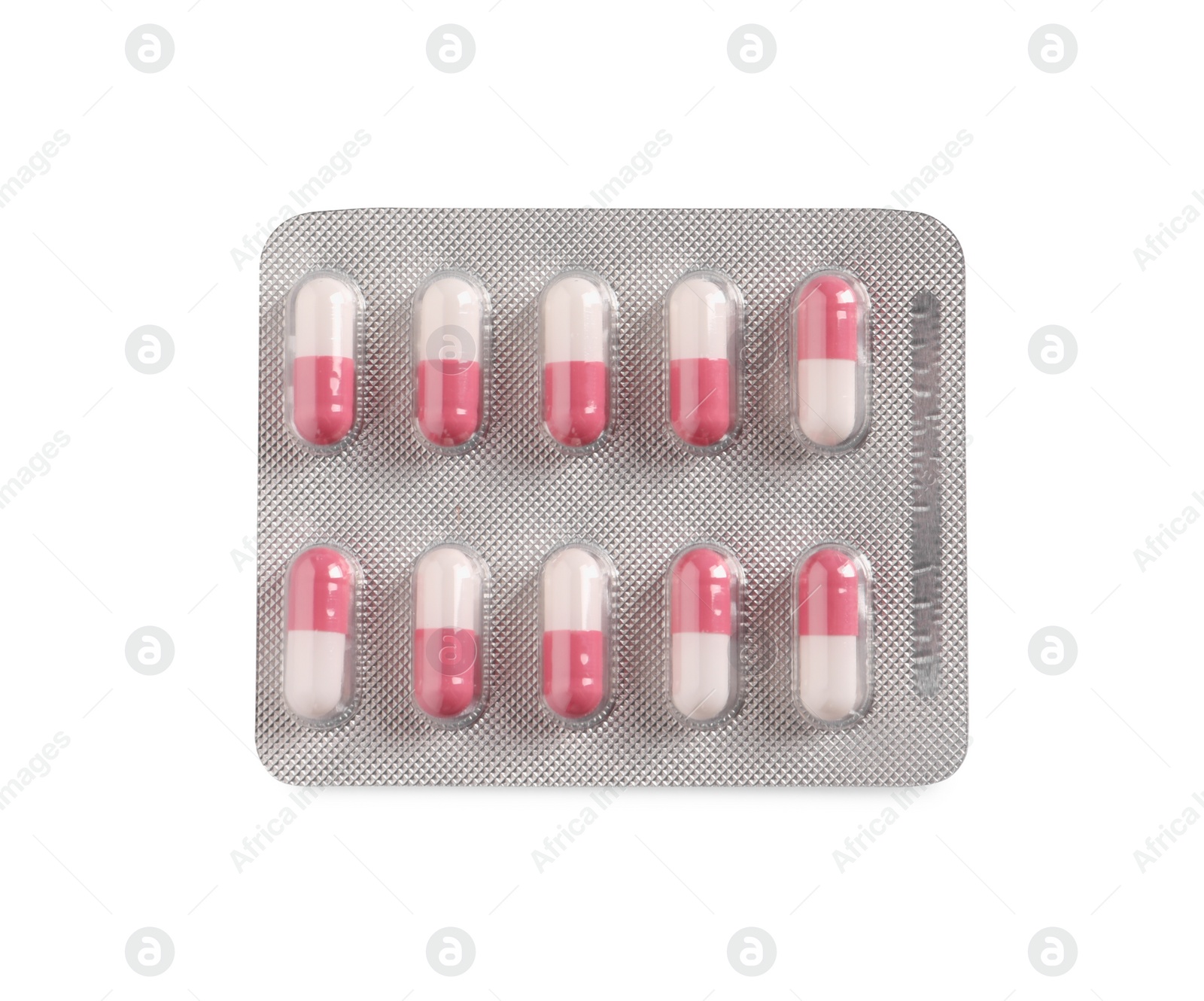 Photo of Blister of pills on white background, top view