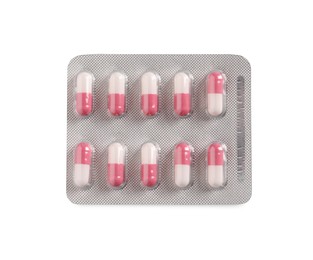 Blister of pills on white background, top view