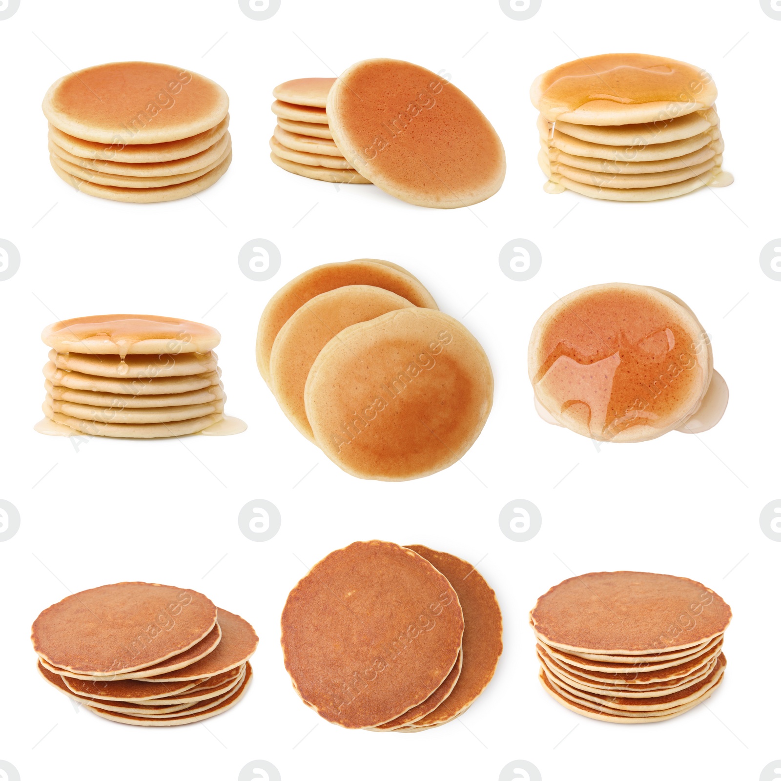 Image of Set of tasty pancakes isolated on white