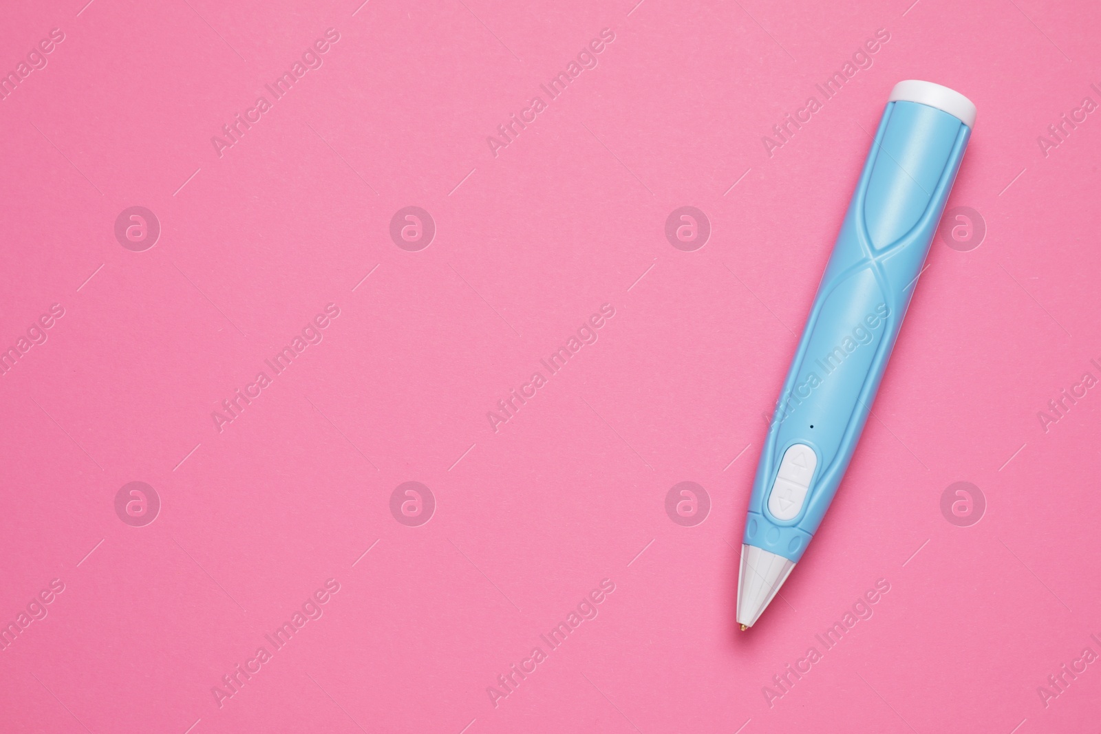 Photo of Stylish 3D pen on pink background, top view. Space for text