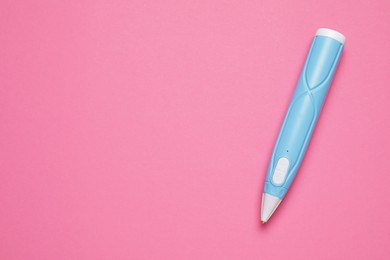 Stylish 3D pen on pink background, top view. Space for text