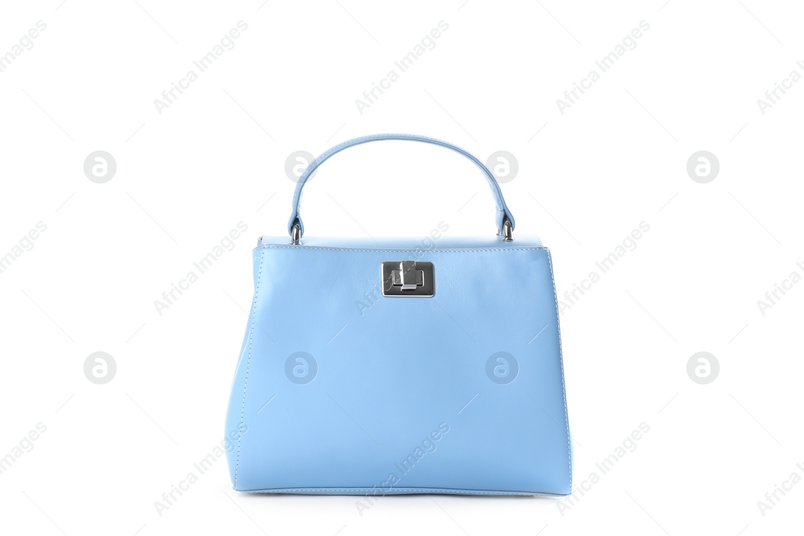 Photo of Stylish light blue leather bag isolated on white