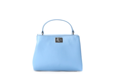 Stylish light blue leather bag isolated on white