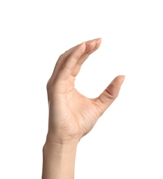 Woman showing C letter on white background, closeup. Sign language