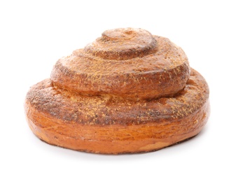 Photo of Freshly baked cinnamon roll on white background