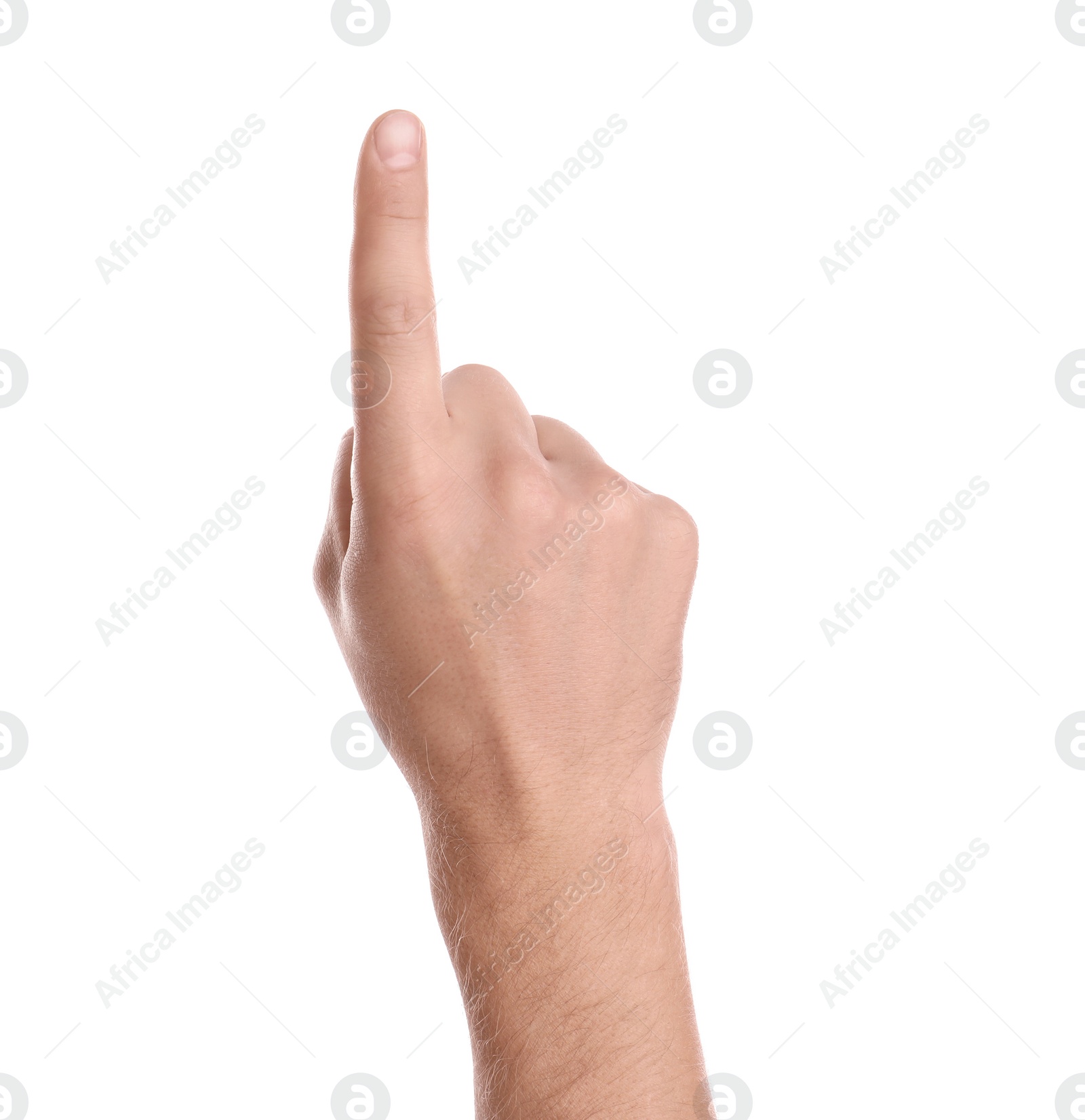 Photo of Man pointing at something on white background, closeup of hand