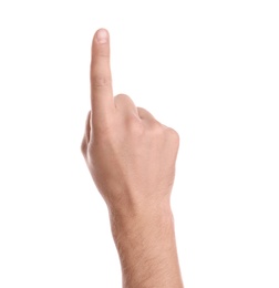 Photo of Man pointing at something on white background, closeup of hand