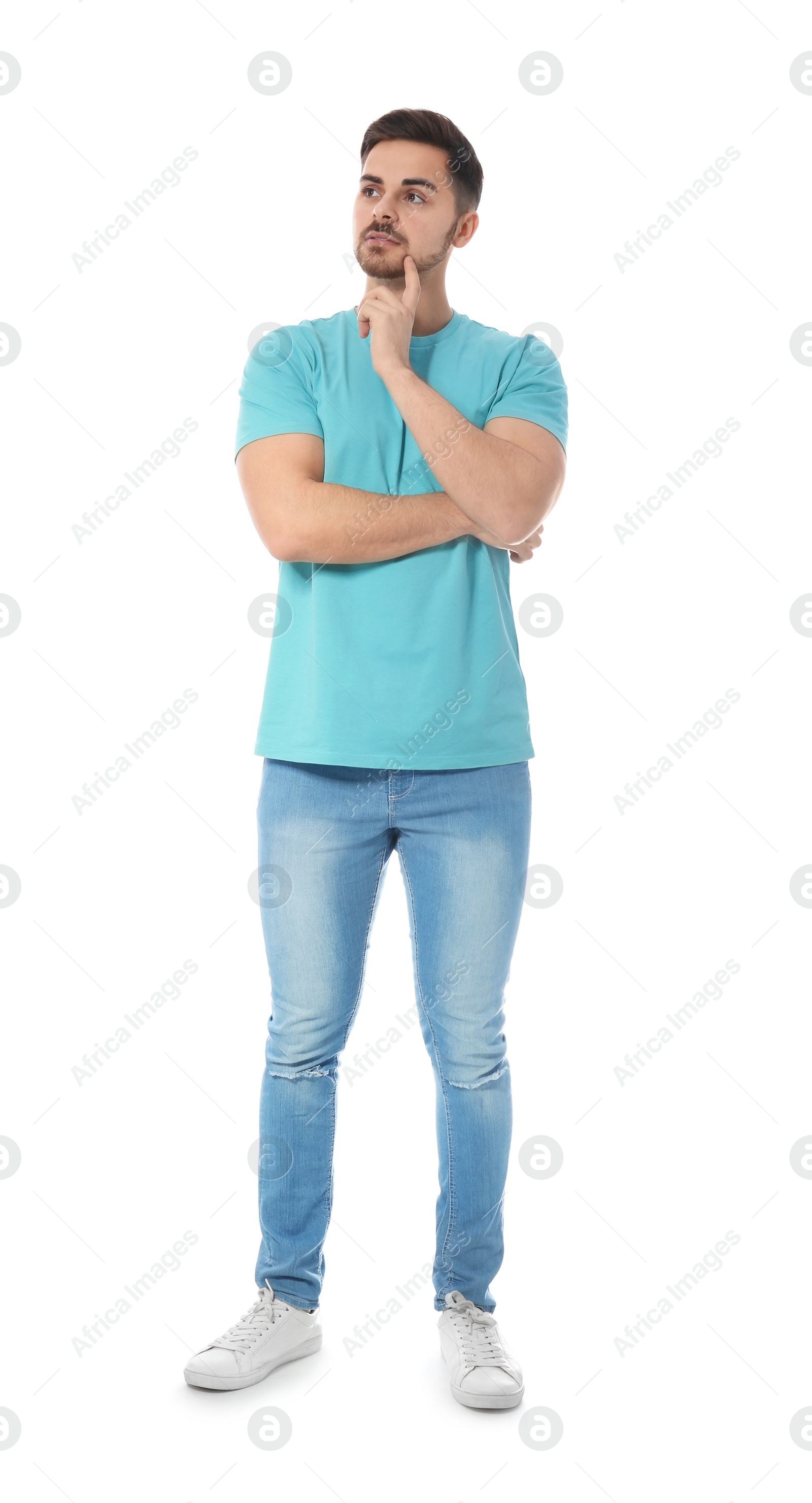 Photo of Full length portrait of pensive man on white background