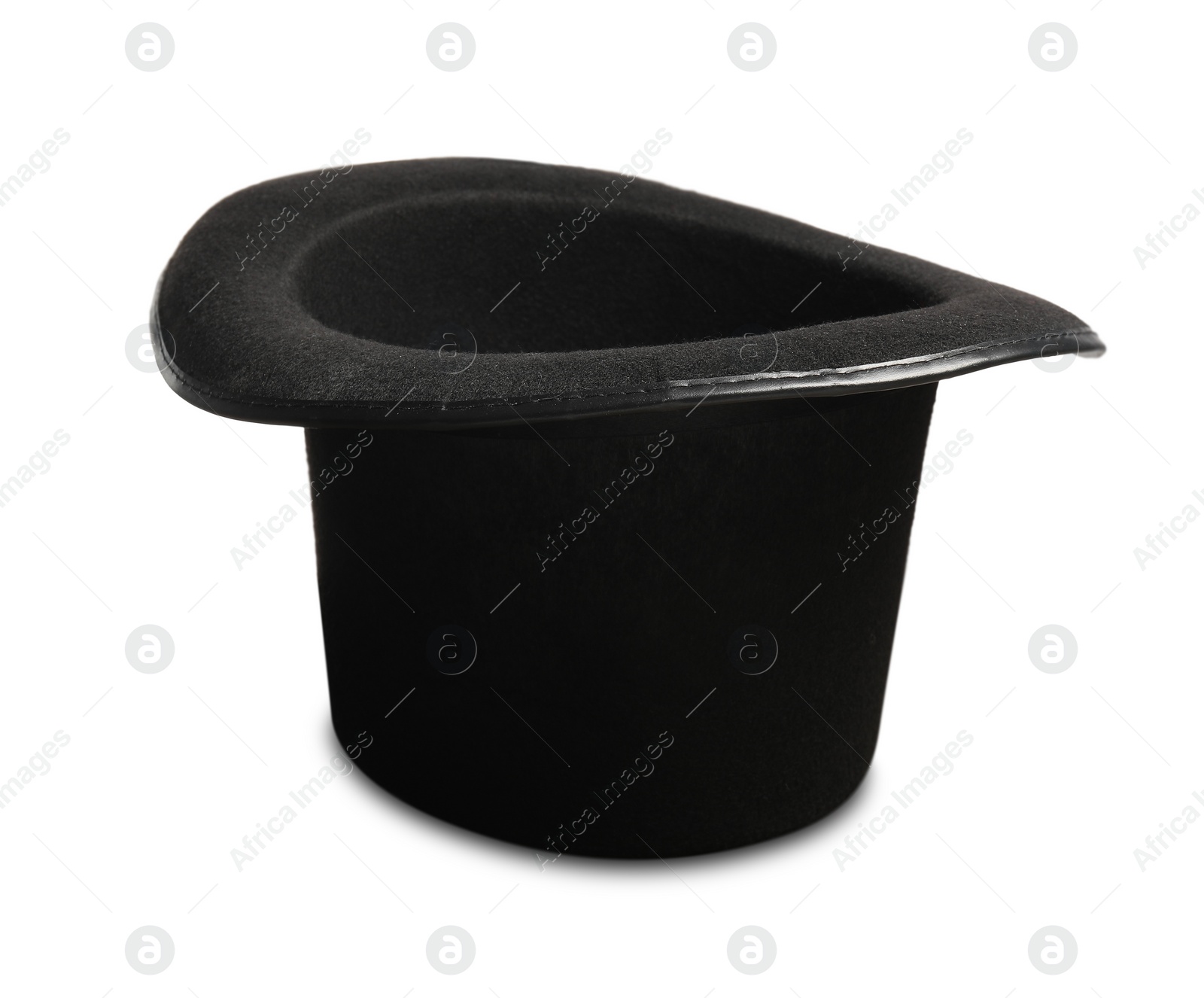 Photo of Magician's hat on wooden table against white background