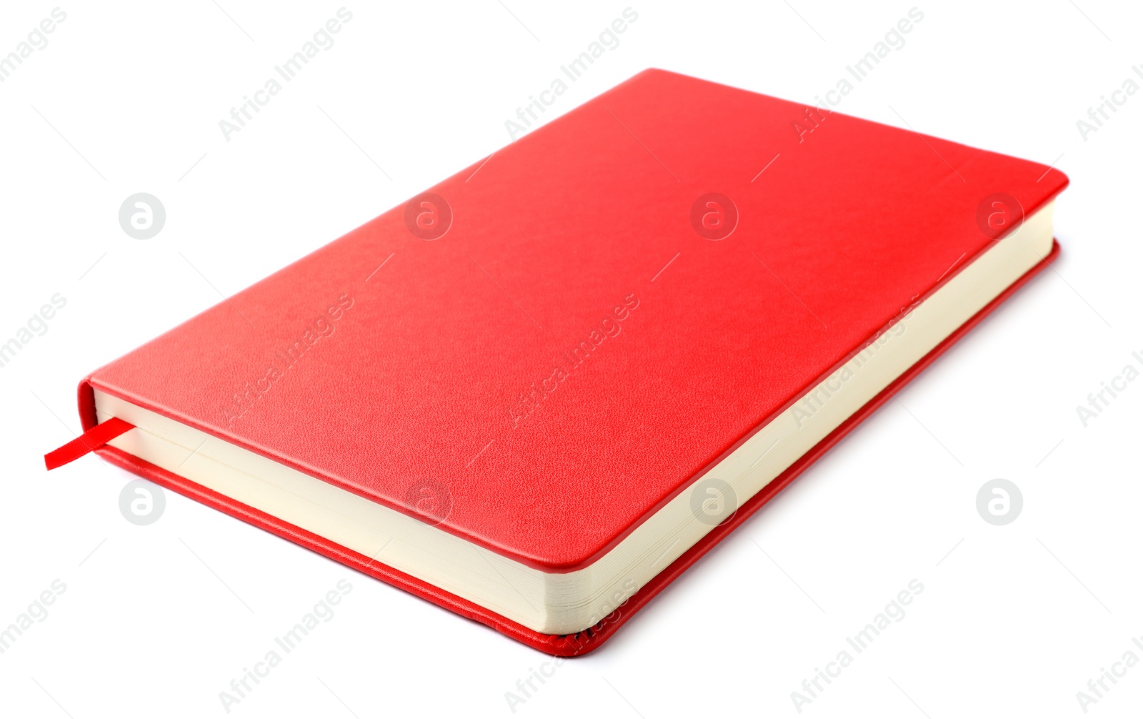 Photo of Stylish red hardcover notebook isolated on white. Office stationery