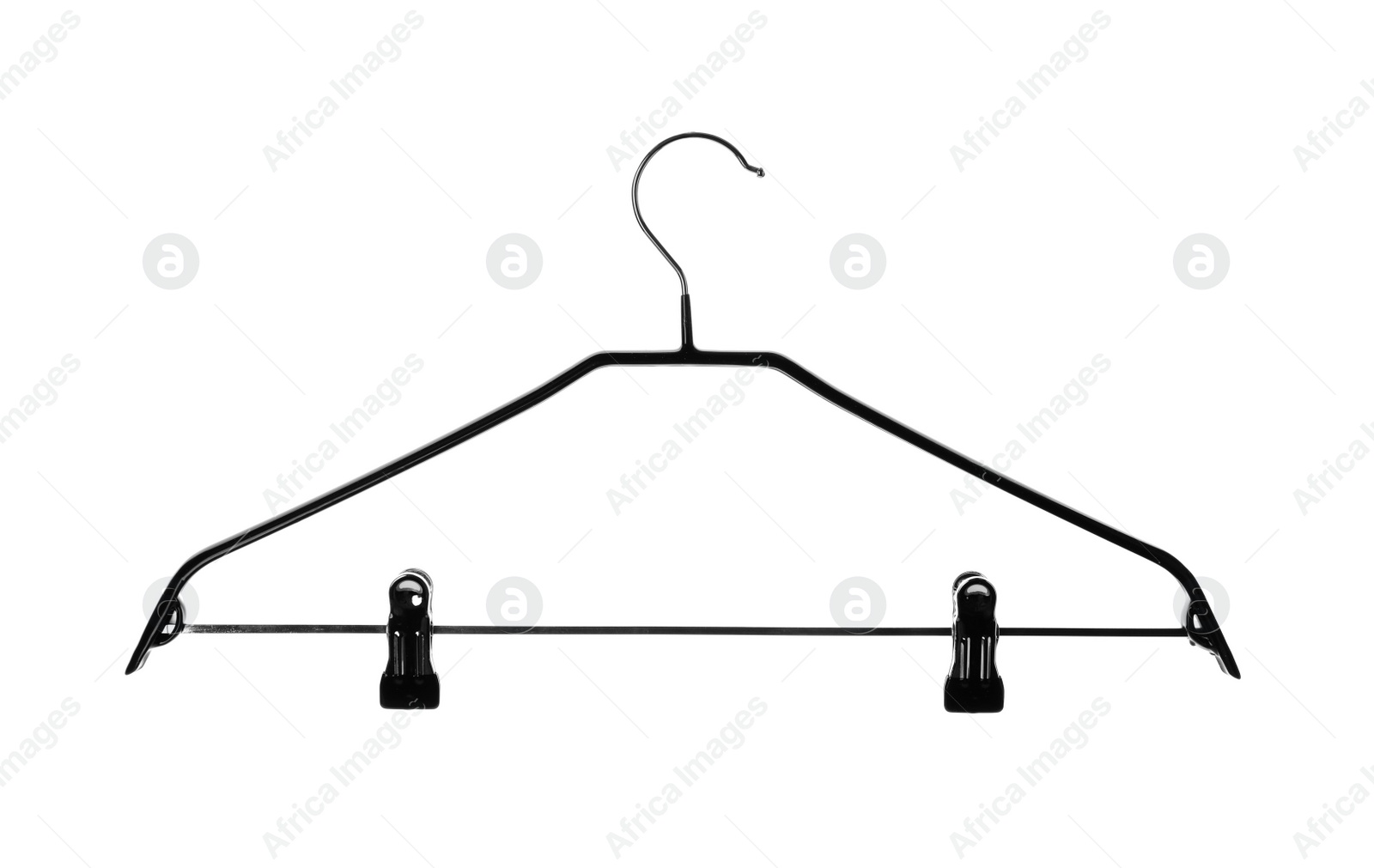 Photo of Empty hanger with clips isolated on white. Wardrobe accessory