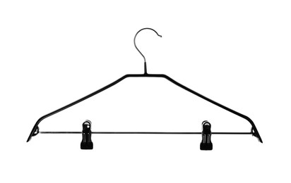 Photo of Empty hanger with clips isolated on white. Wardrobe accessory