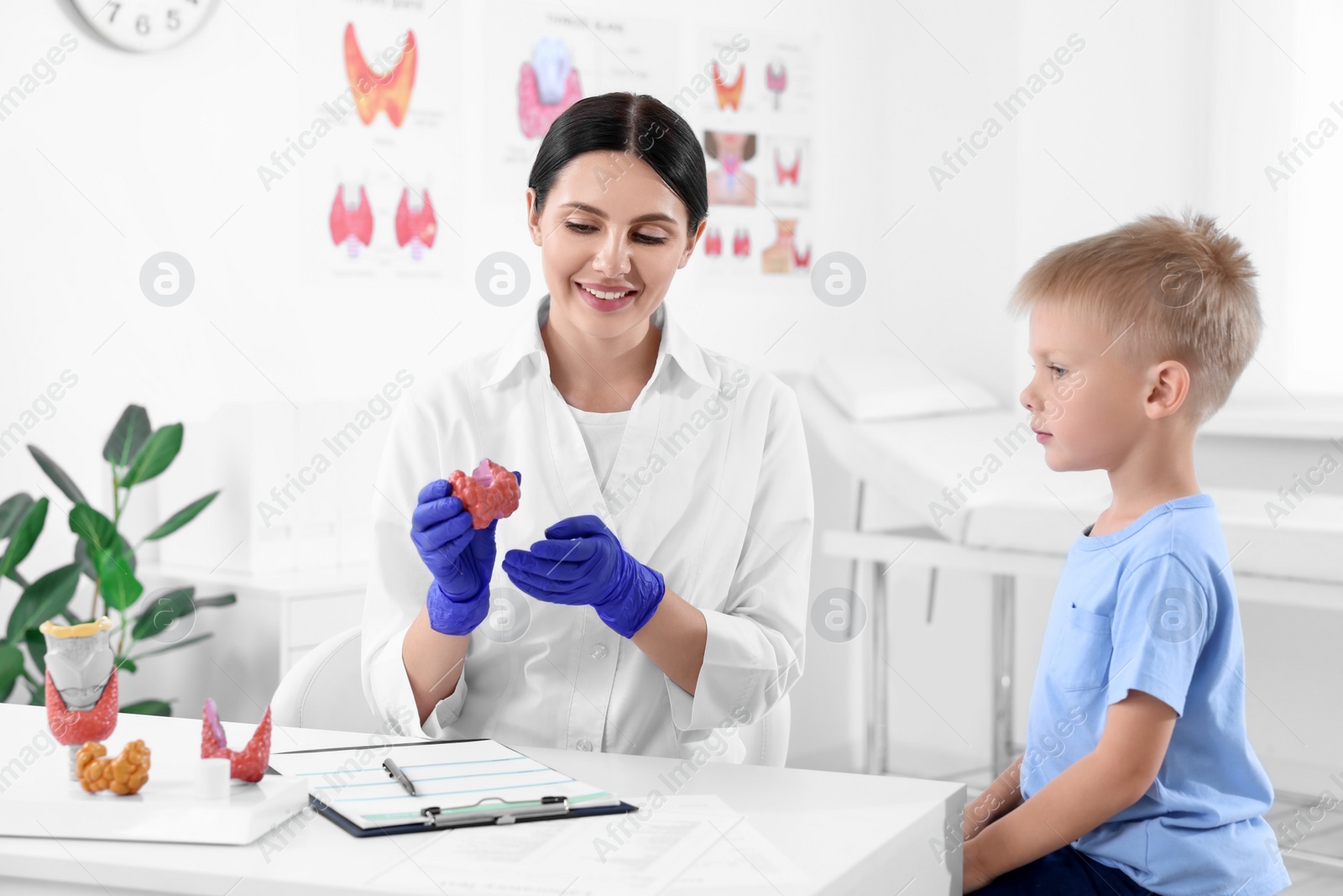 Photo of Endocrinologist showing thyroid gland model to little patient at table in hospital