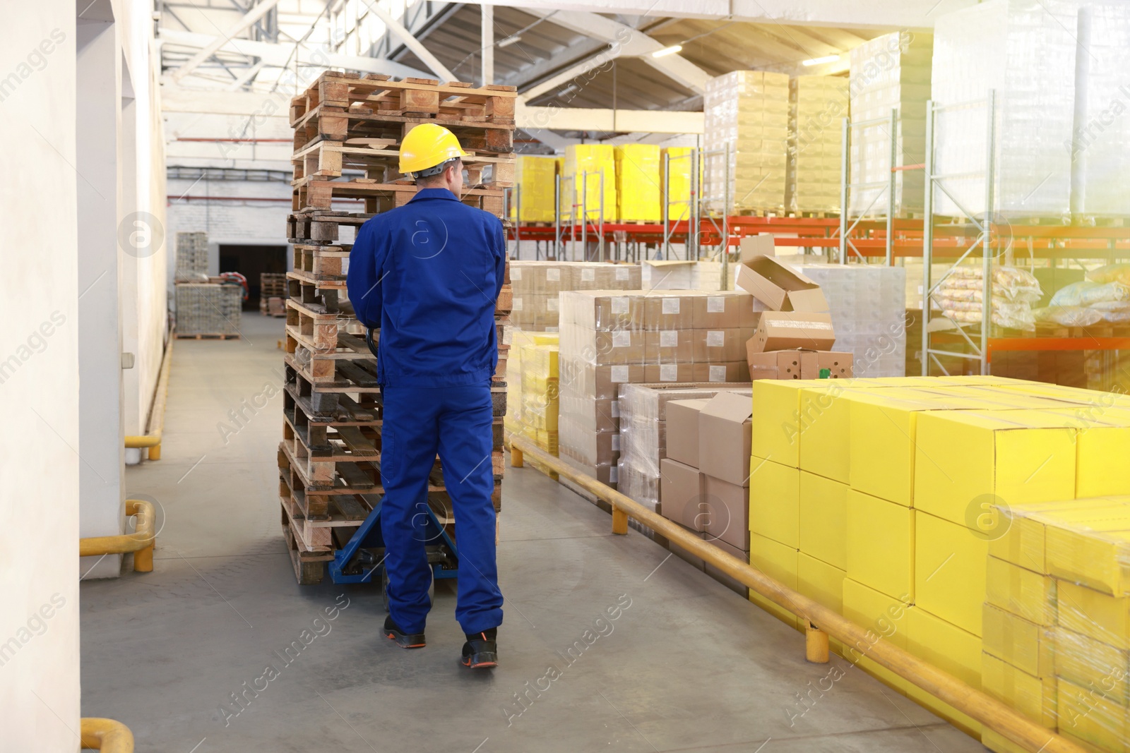 Image of Worker moving wooden pallets with manual forklift in warehouse, back view