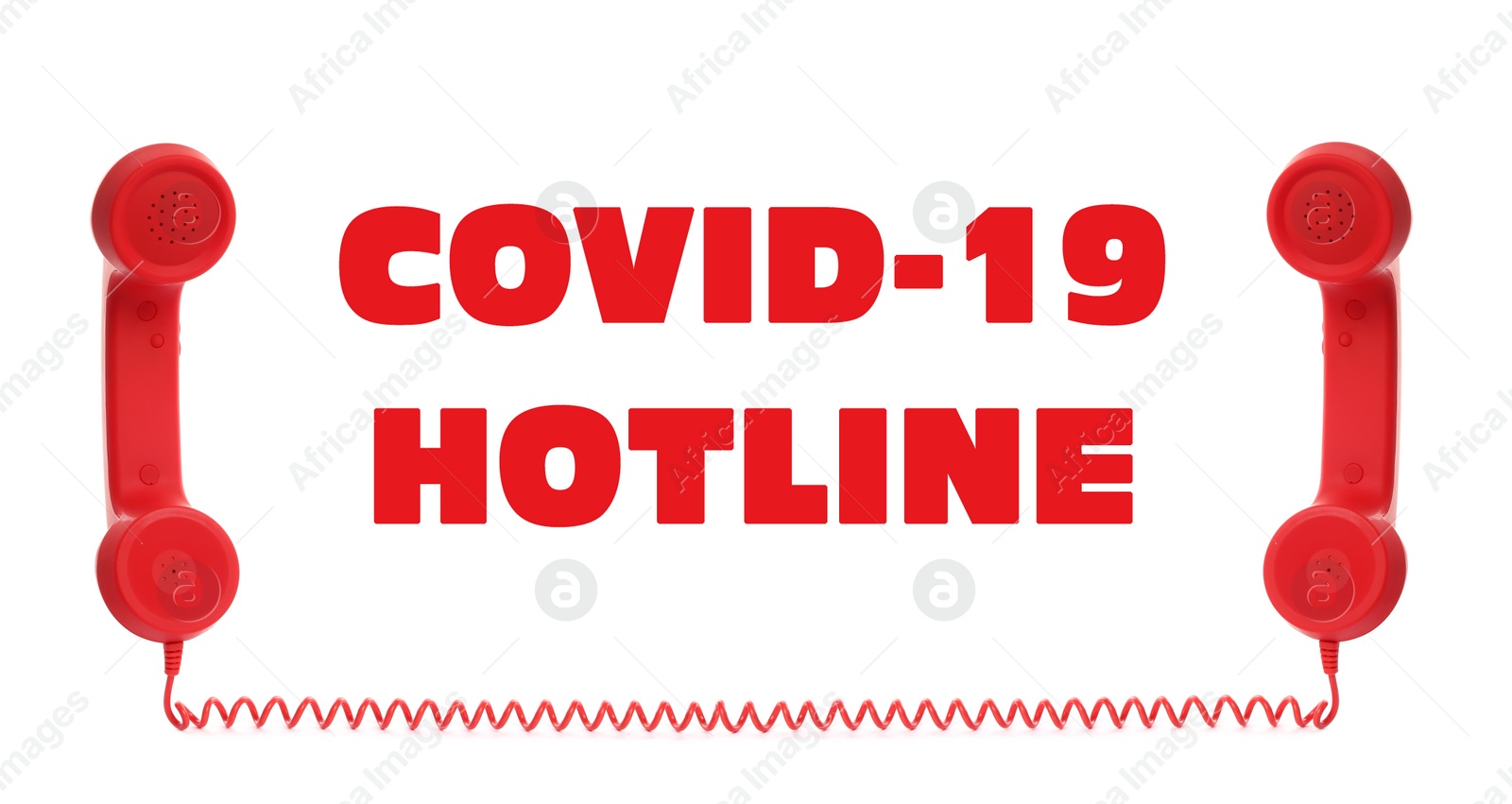 Image of Covid-19 Hotline. Red handsets and text on white background, banner design 