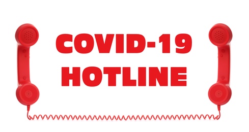 Image of Covid-19 Hotline. Red handsets and text on white background, banner design 