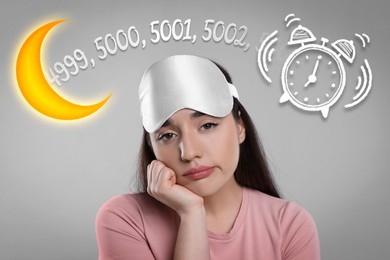 Image of Suffering from insomnia. Woman with blindfold counting to fall asleep on light grey background. Illustrations of ringing alarm clock, numbers and crescent moon above her