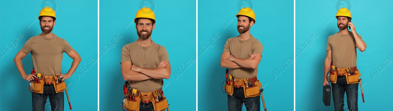 Image of Photos of builder with construction tools on light blue background, collage design