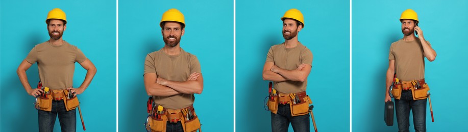 Photos of builder with construction tools on light blue background, collage design