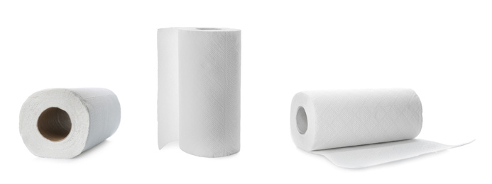 Image of Set with rolls of paper tissues isolated on white, banner design 