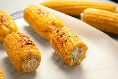 Fresh grilled tasty corn cobs on parchment paper, closeup