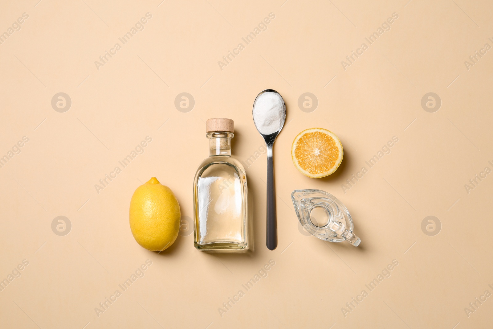 Photo of Flat lay composition with vinegar on color background