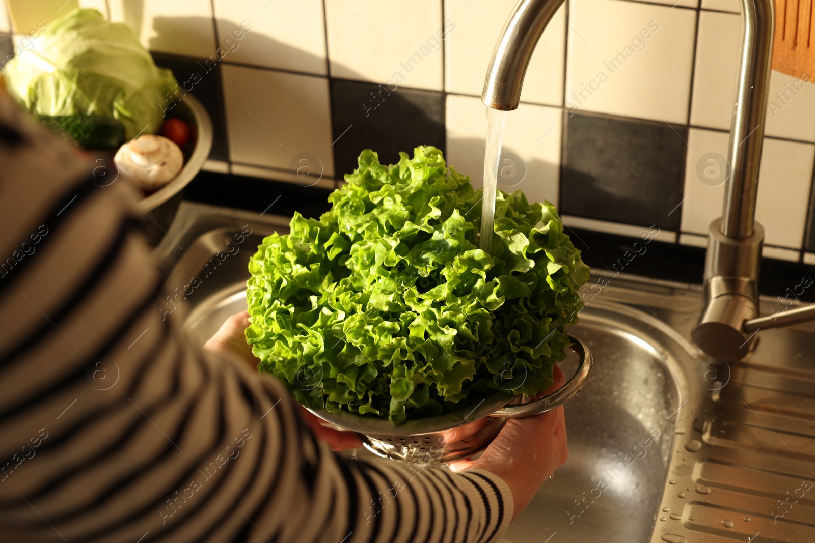 Photo of Woman washing fresh lettuce leaves in metal colander, closeup