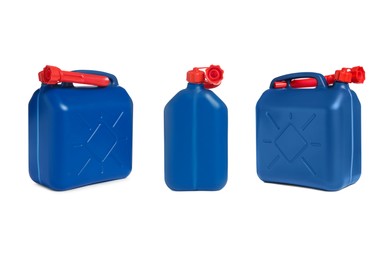 Blue plastic canister on white background, different sides