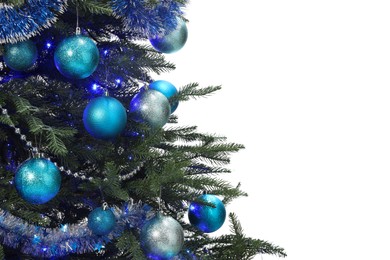 Photo of Beautiful Christmas tree decorated with ornaments and festive lights isolated on white