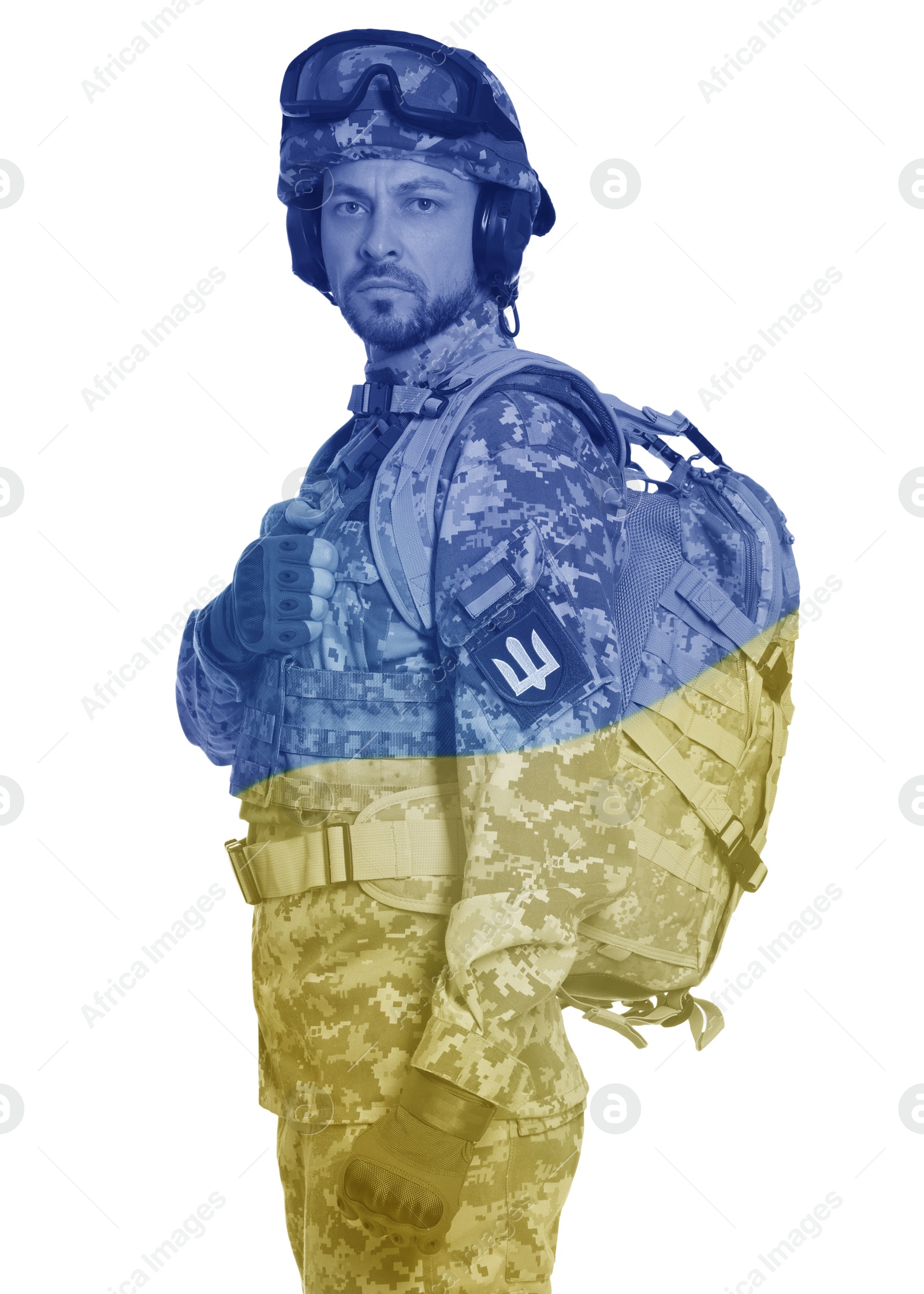 Image of Double exposure of Ukrainian flag and soldier in military uniform on white background