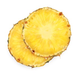 Slices of tasty ripe pineapple isolated on white, top view