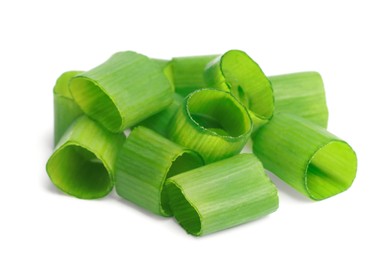 Pile of fresh green onion on white background