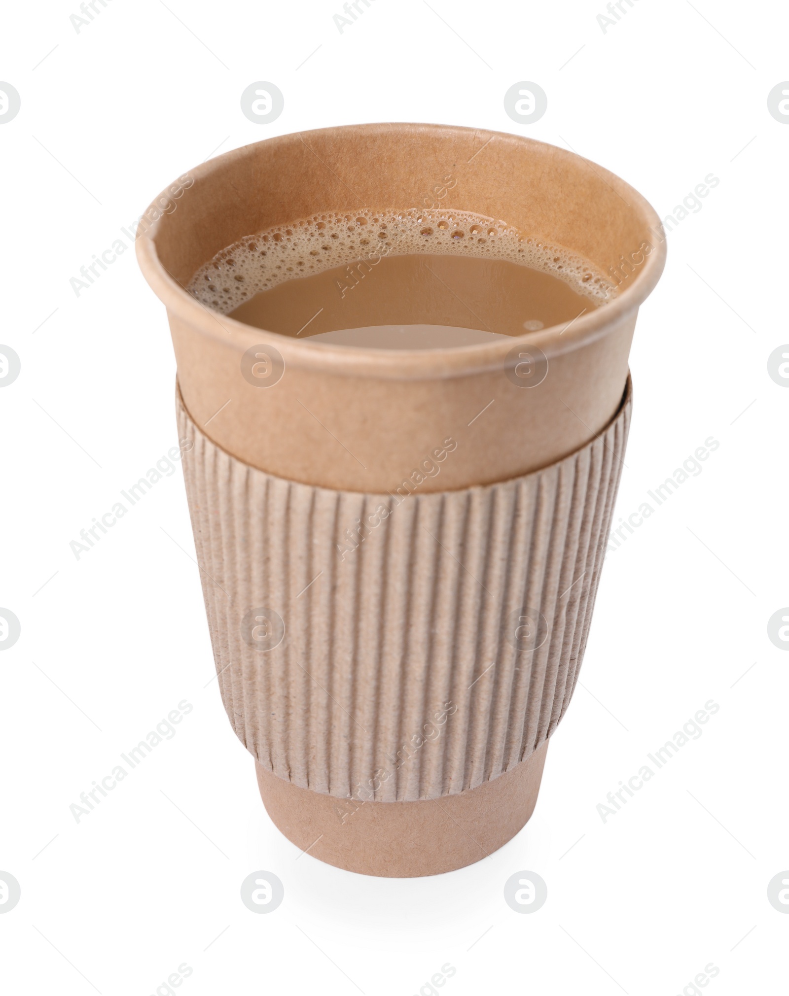 Photo of Paper cup with hot drink isolated on white. Coffee to go